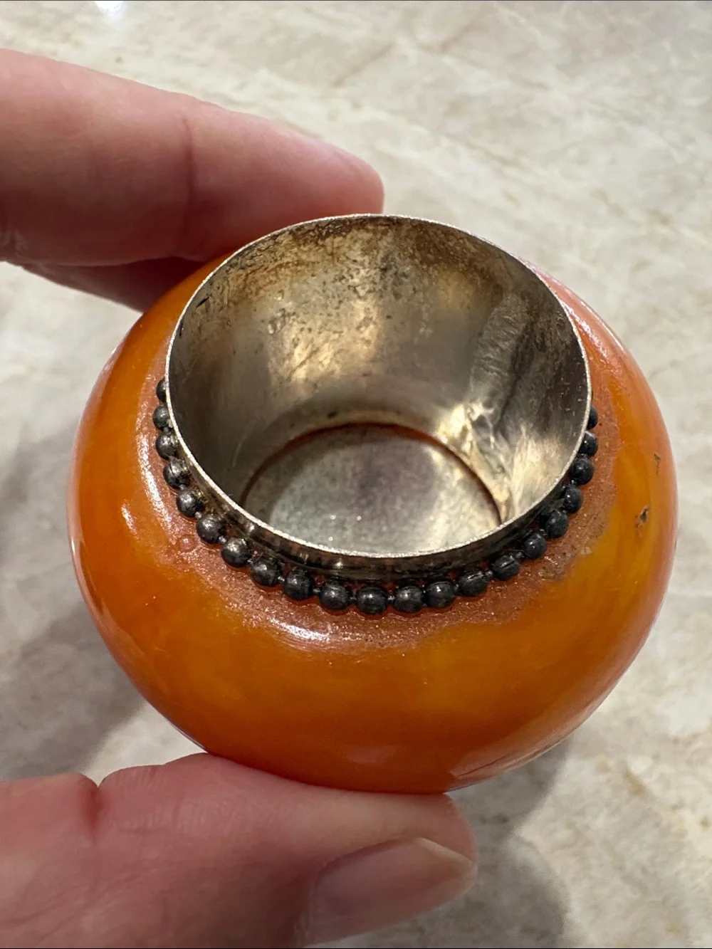 Moroccan Orange Decorative Trinket Box Accent Jar with Ornate Silver-Tone Trim